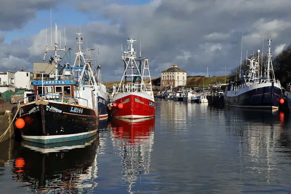 Fishing boats moored in Eyemouth harbour, with Gunsgreen House in the distance