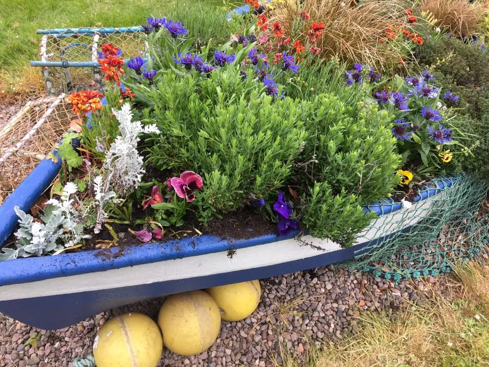 An old fishing boat planted up with flowers, resting on yellow buoys and nets