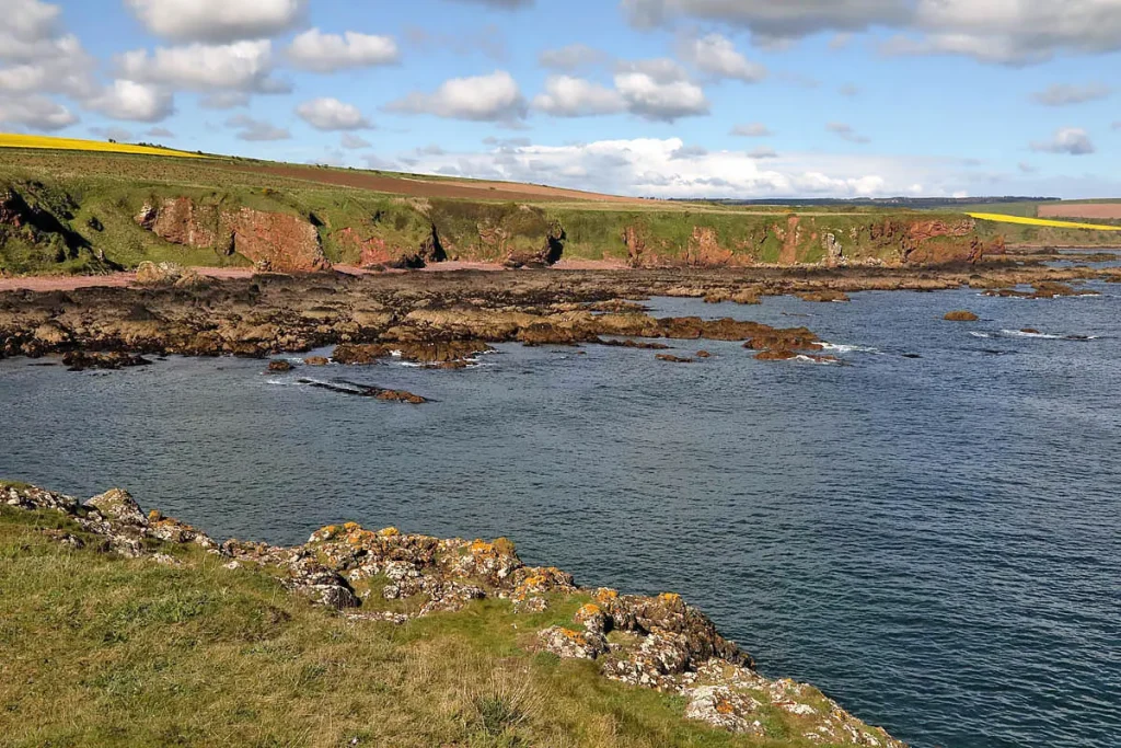 Red cliffs and a rocky shore at Killiedraught Bay, on the Coastal Path north of Eyemouth